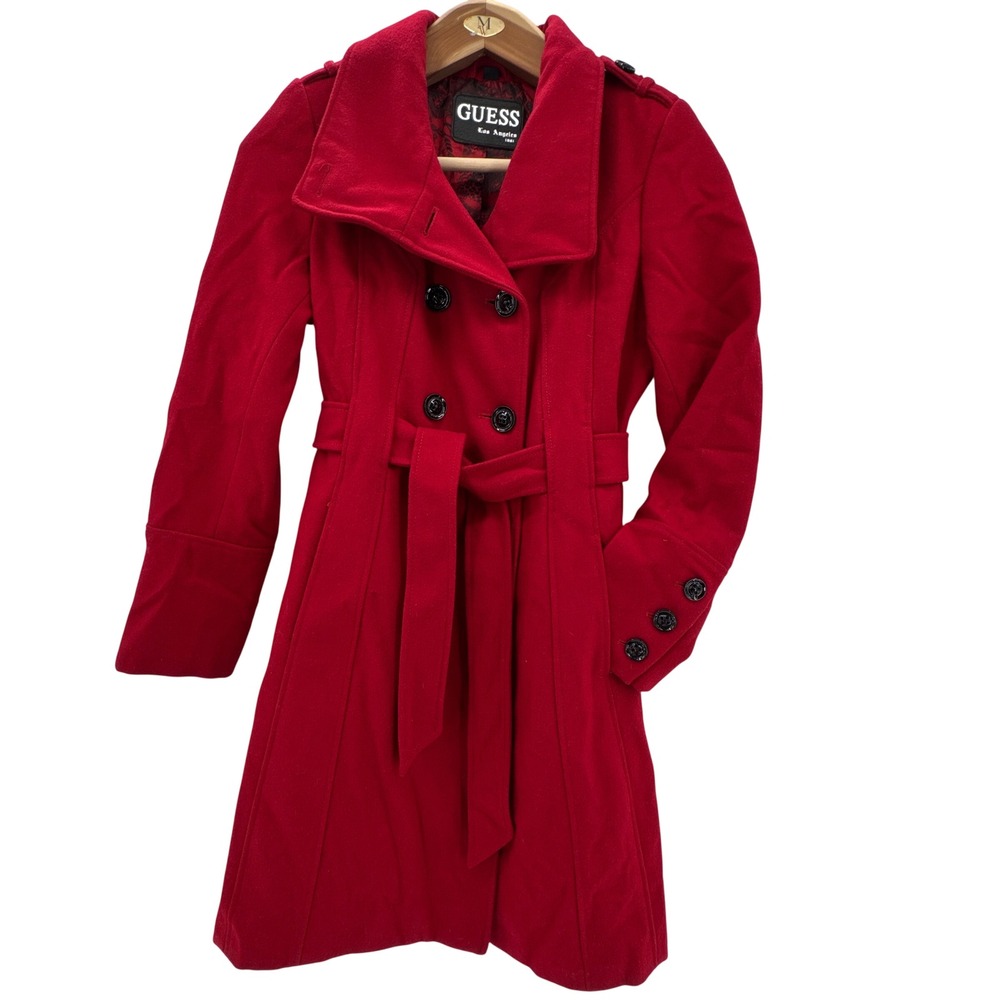 Guess Trench Coat Womens M Red Wool Blend Double Breasted Belted 22SNO1002